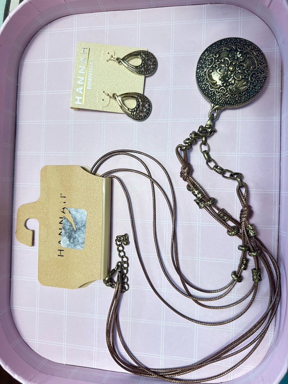 Hannah Gold-Tone Multi Strand Necklace with Taupe Cords & Matching earrings